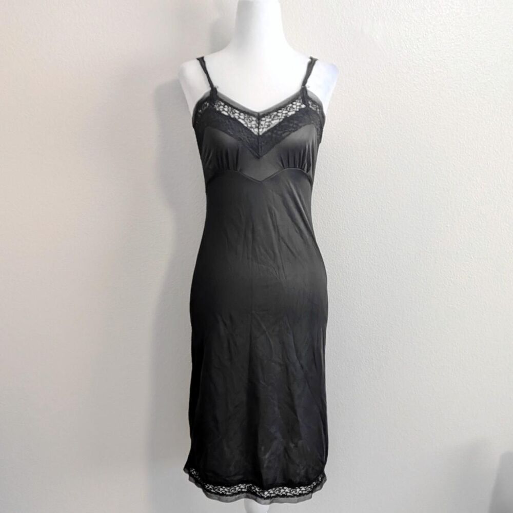 Vintage Black Gothic Lace Satin V-neck Nylon Slip Dress Coquette | Size XS